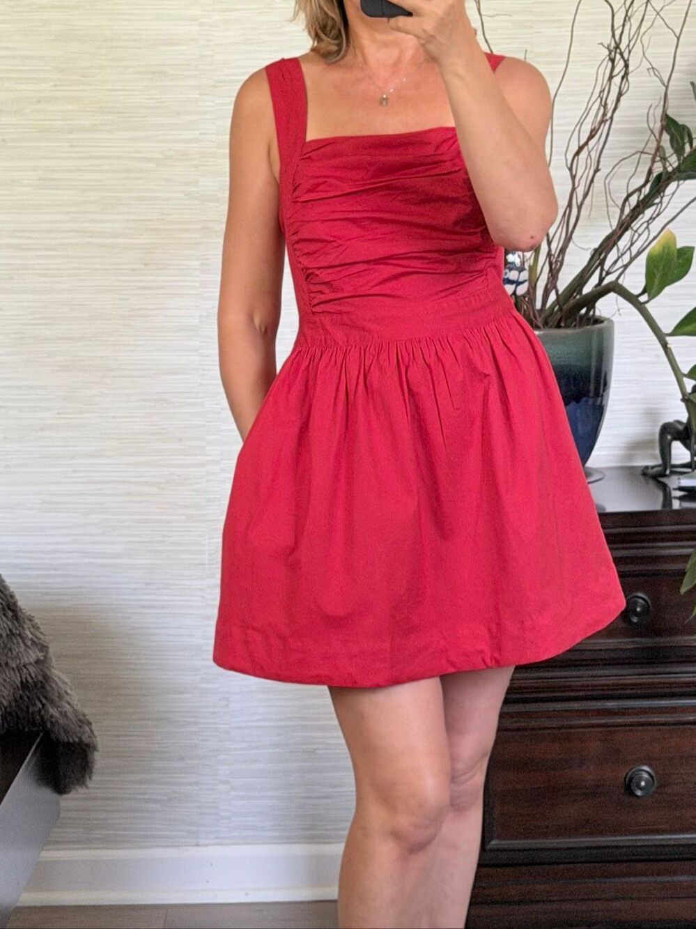 Free People Red Cotton Mini Dress Open Back Tie Straps Pockets NWT Size S